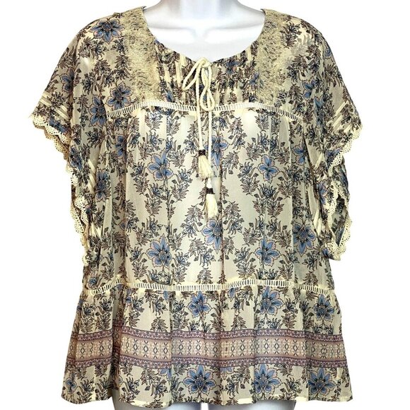 Daniel Rainn Floral Lace Trim Blouse Large Cream/Blue Boho Top With Tassels & - Picture 1 of 10